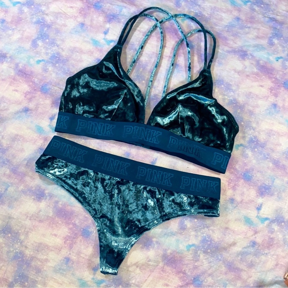 VS PINK • Dark Teal Crushed Velvet Logo Thong Panty & Strappy Bralette Set